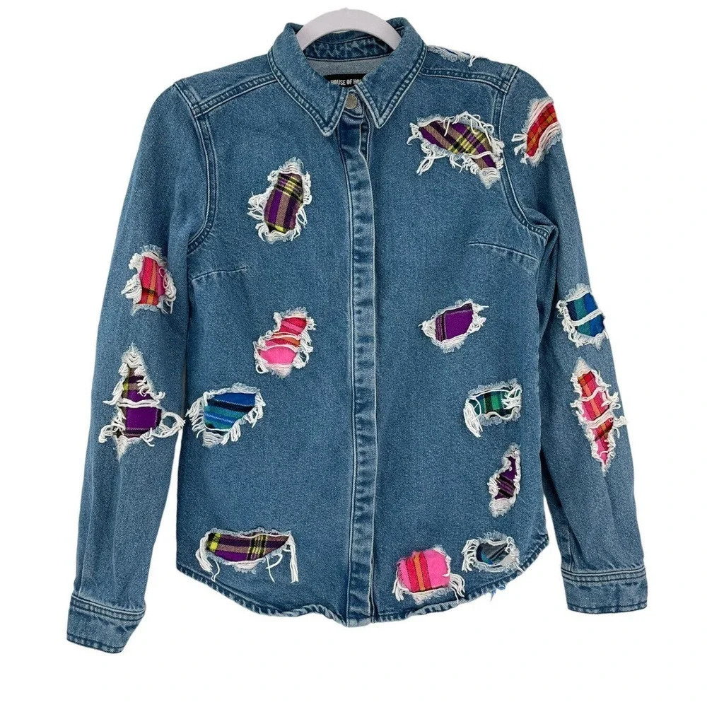 House of Holland Patchwork Denim Distressed Jean Shirt Snap size US 2